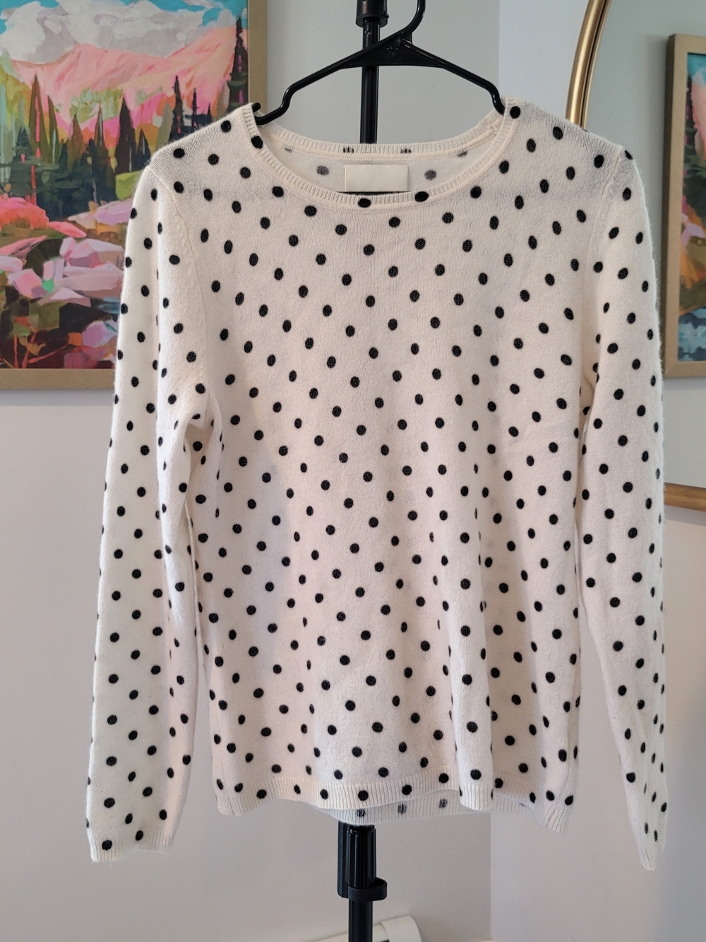 100% 2-Ply Cashmere Sweater Off White Black Dots Cynthia Rowley Women's Size M
